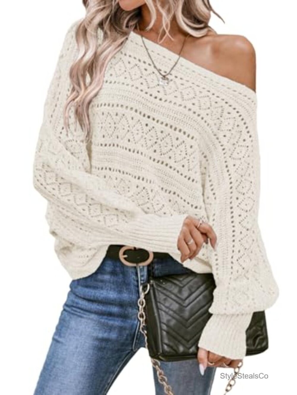 EVALESS Womens Crochet Boat Neck Long Batwing Sleeve Loose Sweater Pullover